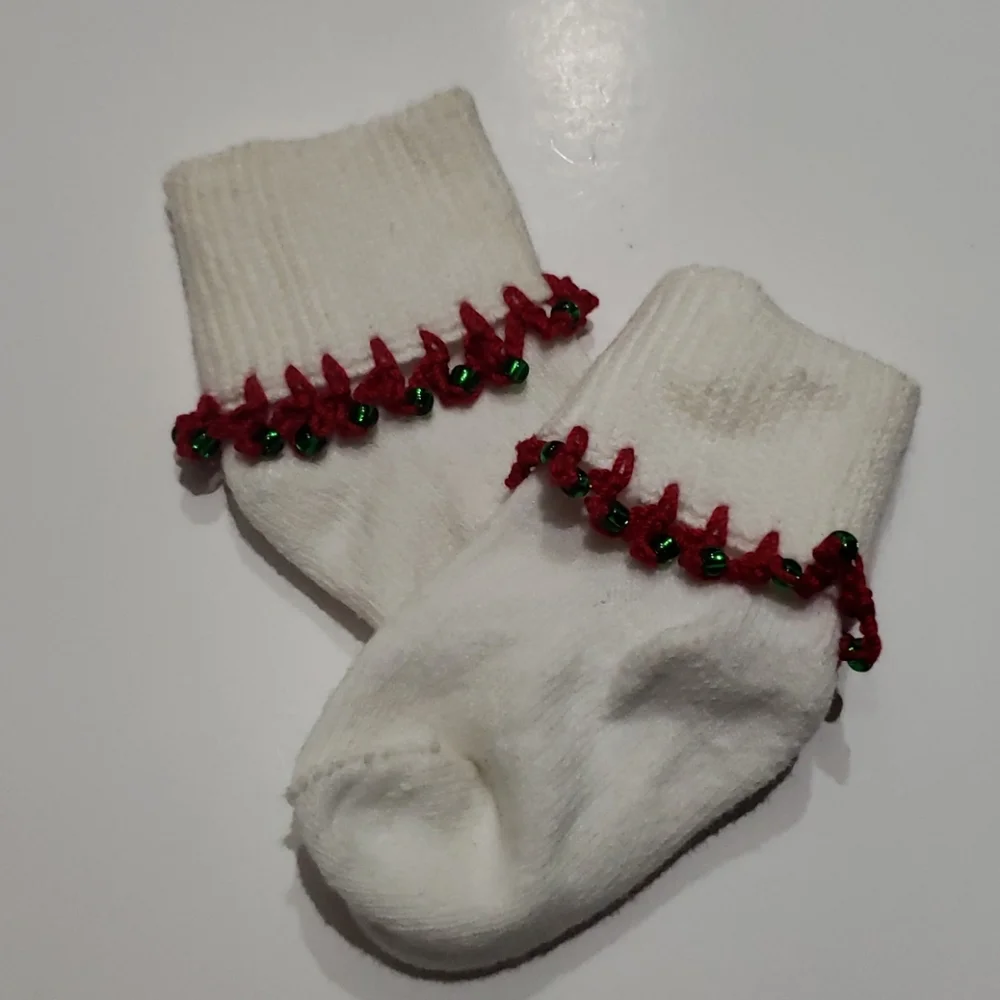 Christmas Handmade Crocheted baby girl socks 0-6M